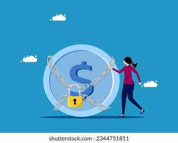Money protection. woman and coin locked by padlock 