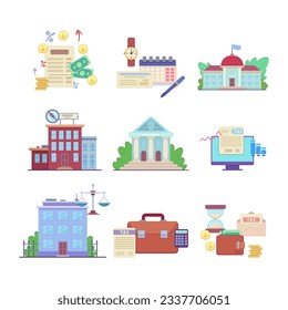 Money and public sector institutions vector illustrations set. Collection of drawings of bank, hospital, school, government building, taxes. Public services, taxation, city life, management concept
