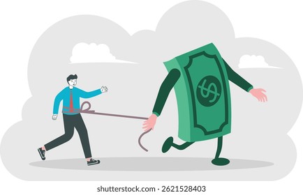 Money pulling away businessman with a rope, Money control man, illustrator vector cartoon drawing

