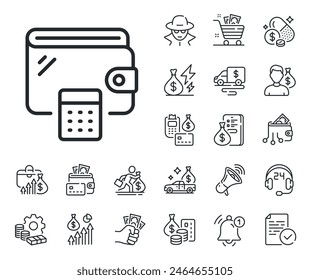 Money purse with calculator sign. Cash money, loan and mortgage outline icons. Wallet line icon. Cash budget symbol. Wallet line sign. Credit card, crypto wallet icon. Inflation, job salary. Vector