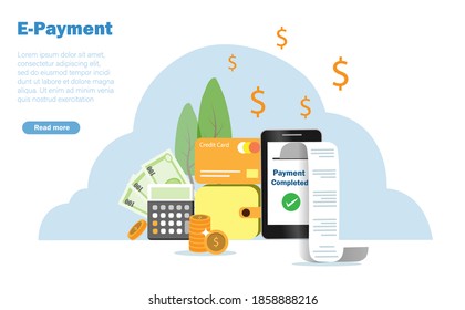 Money purse, credit card and calculator with billing receipt printed out from smartphone. E-payment, digital billing and financial technology concept. Vector Illustration.