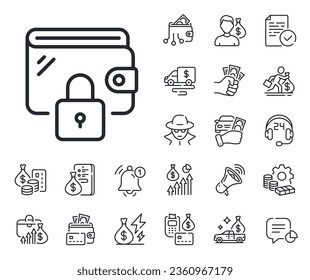Money purse with lock sign. Cash money, loan and mortgage outline icons. Wallet line icon. Cash budget symbol. Wallet line sign. Credit card, crypto wallet icon. Inflation, job salary. Vector