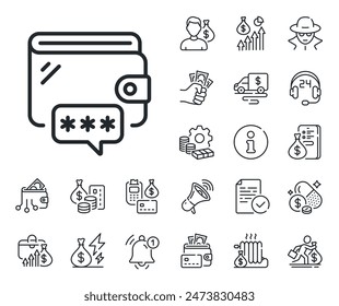 Money purse password sign. Cash money, loan and mortgage outline icons. Wallet line icon. Cash budget symbol. Wallet line sign. Credit card, crypto wallet icon. Inflation, job salary. Vector