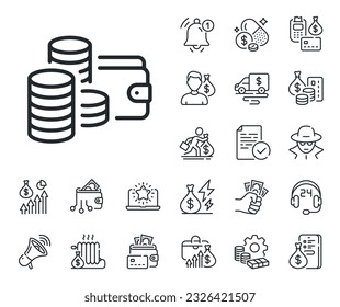 Money purse sign. Cash money, loan and mortgage outline icons. Wallet line icon. Cash budget symbol. Wallet line sign. Credit card, crypto wallet icon. Inflation, job salary. Vector