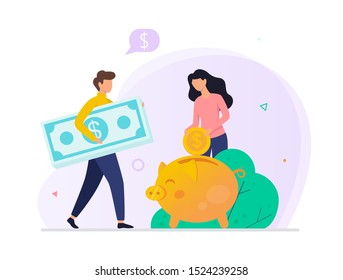 Money putting inside the piggy bank. Financial savings from income. Idea of investment and wealth. Isolated vector illustration in cartoon style