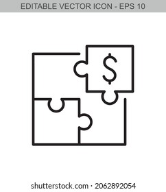 Money puzzle concept. Editable stroke line icon. Vector illustration.