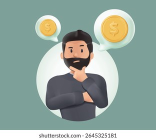 Dinheiro questão 3D renderizar ilustração vetorial. Onde investir, pagar a dívida ou investir para ganhar lucro, escolha financeira ou alternativa para tomar o conceito de decisão, investidor empresário pensar em dinheiro