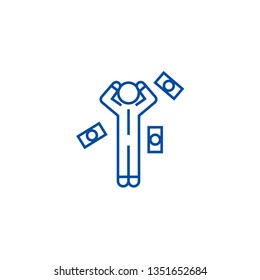 Money question man line icon concept. Money question man flat  vector symbol, sign, outline illustration.