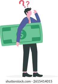 Money question, where to invest, pay off debt or invest to earn profit, financial choice or alternative to make decision concept, businessman investor holding money thinking about investment.

