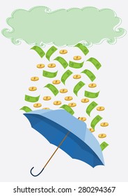 Money rain with banknotes and coins with umbrella. Vector Illustration