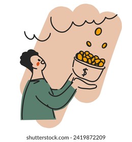 Money rain. Businessman catches coins that fall from the sky. Cashback concept. Easy money concept. Successful beginnings, startup, investment. Making profit without effort. Vector illustration
