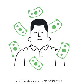 Money rain. Businessman dreaming about money. Outline, linear, thin line, doodle art. Simple style with editable stroke.