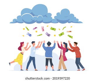 Money Rain. Cartoon Happy People Catching Banknotes And Gold Coins Falling From Clouds. Successful Men And Women Collecting Flying Cash. Lottery Winners. Vector Easy Earning Concept