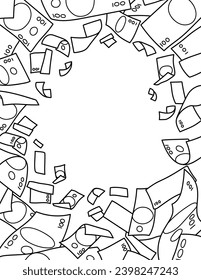 Money rain. Money. Dollars in the air. Coloring book Black and white vector illustration.