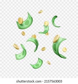 Money rain  Falling 3D cartoon style paper dollars   gold coins  Casino win business success  Vector illustration isolated transparent background