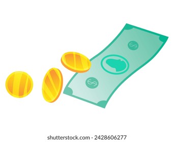Money rain. Falling 3D cartoon style paper dollars and gold coins. Casino win or business success. Vector illustration isolated on transparent background
