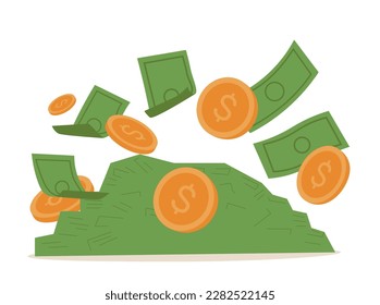 Money rain. Falling cartoon style paper dollars and gold coins. Casino win or business success. Vector illustration isolated on transparent background