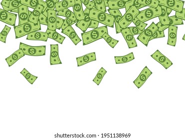 Money rain. Falling dollar banknotes seamless vector border, cartoon cash confetti. Banking, investment and financial vector background. Gambling and winning in casino. Cash bill papers