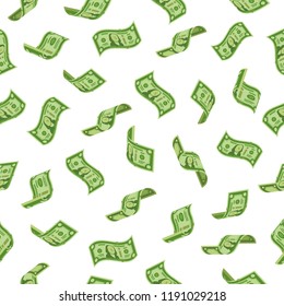 Money Rain. Falling Dollars Denominations, Raining Cash Banknotes Or Flying Dollar Banknote Charitable Investment. Wealth Abundance, Bill Economy Or Banking Taxes Seamless Vector Backdrop