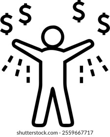 Money rain falling on businessperson concept as Medium shot of a businessperson standing with arms outstretched as a shower of money falls around them. Scene represents financial abundance and success