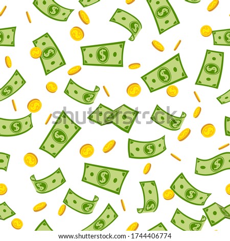 Money rain flat cartoon Seamless pattern. Green paper notes and gold coin flying in air. Money banknotes flying wite background, various banknotes, different coins. Money float. Vector illustration