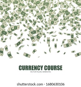 Money rain. Flying banknotes background. Currency course.