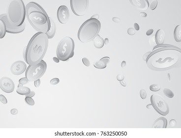 Money rain fountain - jackpot prize greyscale image. Flying realistic coin Lottery Cash reward. Million dollars jackpot. Vector illustration