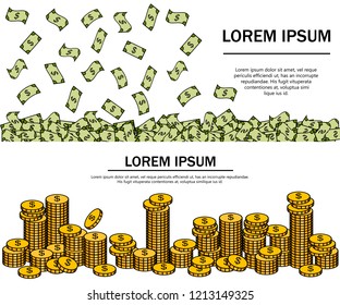 Money rain. Golden coins, paper dollars. Line design. Vector illustration on white background. Place for text. Advertising brochure concept.