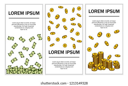 Money rain. Golden coins, paper dollars. Line design. Vector illustration on white background. Place for text. Advertising brochure concept.