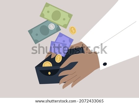 Money rain, hands holding a wallet with paper currency and metal coins Foto d'archivio © 