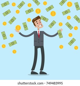 Money rain illustration. Businessman standing under money falling down.
