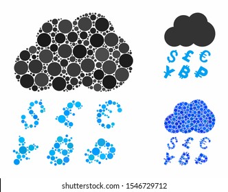 Money rain mosaic of circle elements in variable sizes and color tints, based on money rain icon. Vector circle elements are united into blue illustration.