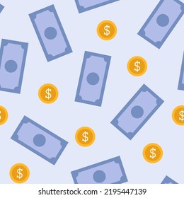 Money rain pattern. Falling hundred dollar banknotes and coins on blue background. Illustration for credit, savings, success, charitable concepts. Flat vector illustration