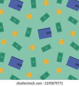 Money rain pattern. Falling hundred dollar banknotes,  coins and wallet on green background. Illustration for credit, savings, success, charitable concepts. Flat vector illustration