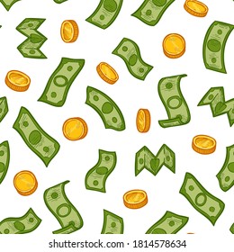 Money rain pattern. Green dollar banknotes and gold coins falling down. Financial crisis, recession business seamless vector texture. Money finance cash rain pattern, dollar and coins illustration