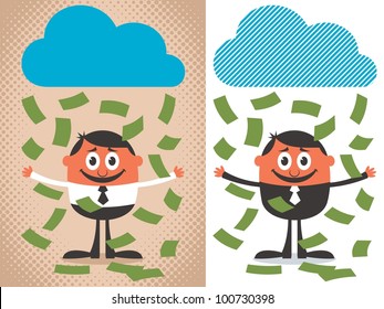 Money Rain: Money Raining Over Cartoon Character. The Illustration Is In 2 Versions. No Transparency And Gradients Used.