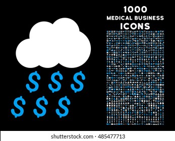 Money Rain vector bicolor icon with 1000 medical business icons. Set style is flat pictograms, blue and white colors, black background.