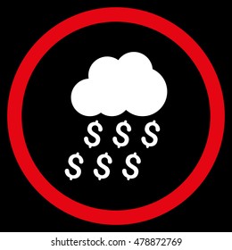 Money Rain vector bicolor rounded icon. Image style is a flat icon symbol inside a circle, red and white colors, black background.