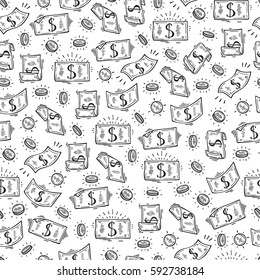 Money Rain Vector Seamless Pattern. Hand Drawn Doodle Dollar Banknotes And Coins