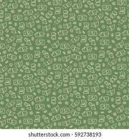 Money rain Vector Seamless pattern. Hand Drawn doodle Dollar Banknotes and Coins