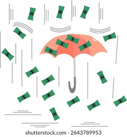 money rain vector with umbrella, vector illustration of money falling from sky with umbrella, umbrella in the middle of money rain vector