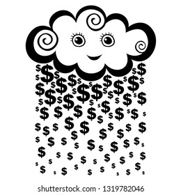 Money rain. Vertical background with Dollars and cloud. Funny kawaii character.  Vector Illustration