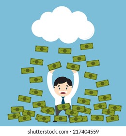 Money raining over a businessman. Win a lottery. Flat design. Vector illustration