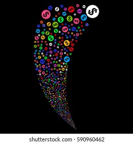 Money random fireworks stream. Vector illustration style is flat bright multicolored iconic symbols on a black background. Object fountain done from scattered pictograms.