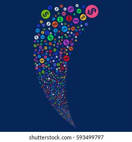 Money random fireworks stream. Vector illustration style is flat bright multicolored iconic symbols on a blue background. Object fountain constructed from scattered pictograms.