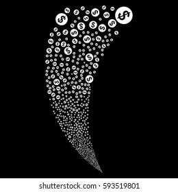 Money random fireworks stream. Vector illustration style is flat white iconic symbols on a black background. Object fountain organized from scattered design elements.