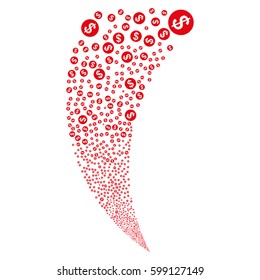 Money random fireworks stream. Vector illustration style is flat red iconic symbols on a white background. Object fountain made from scattered icons.