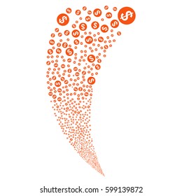 Money random fireworks stream. Vector illustration style is flat orange iconic symbols on a white background. Object fountain constructed from scattered icons.