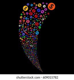 Money random fireworks stream. Vector illustration style is flat bright multicolored iconic symbols on a black background. Object fountain done from scattered icons.