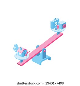 Money and Real Estate 3d vector icon isometric pink and blue color minimalism illustrate